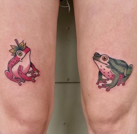 Frog Ankle Tattoo, Food Animal Tattoo, Magic Frog Tattoo, Silly Frog Tattoo, Colorful Animal Tattoos, Matching Frog Tattoos, Cowboy Frog Tattoo, Matching Tattoo Designs, Sorry Mom Tattoo