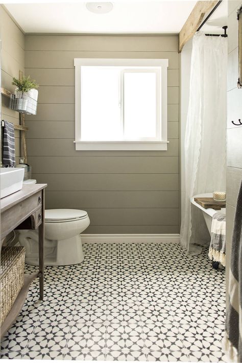 Modern Farmhouse Bathroom - Farmhouse - Bathroom - Tampa - by Jenna Sue Design Co. | Houzz Farmhouse Bathroom Flooring, Farmhouse Bathroom Floor, Jenna Sue, Bathroom Farmhouse, Pattern Tile, Patterned Floor Tiles, Farmhouse Remodel, Modern Farmhouse Bathroom, Floor Ideas