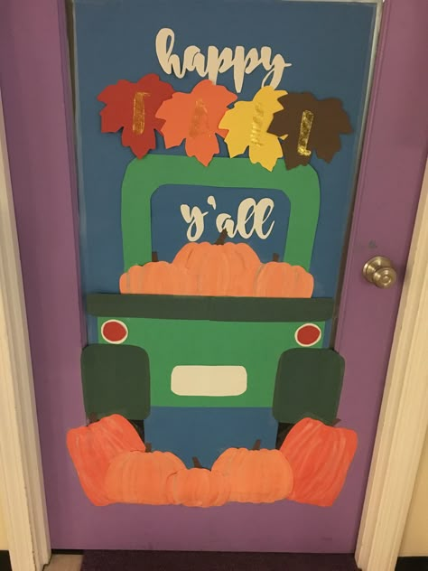 Fall Truck Door Decorations Classroom, Thanksgiving Door Decorations For School, Fall Door Decorations Contest, Fall School Door Decorating Ideas Office, Fall Door Preschool, Fall Door Ideas For Daycare, Fall Truck Bulletin Board, Pumpkin Patch Classroom Door, Fall Boards For Preschool