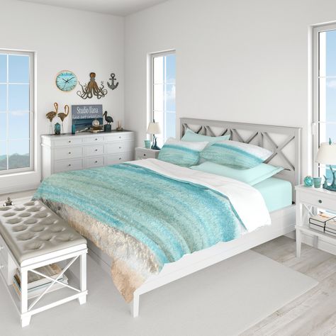 Coastal Bed, Quick Watercolor, Ocean Bedroom, Coastal Quilts, Kihei Maui, Gold Duvet, Coastal Bedroom Decorating, Santa Monica Beach, Vert Turquoise