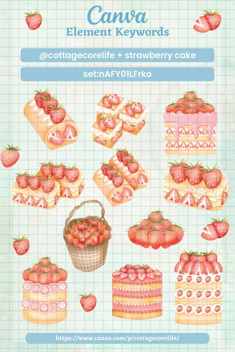 Strawberry Fruit Cake, Canva Search Keywords, Font Canva Lettering, Cake Watercolor, Presentation Ideas For School, Canva Keywords, Designs Stickers, Elements Canva, Keyword Elements Canva