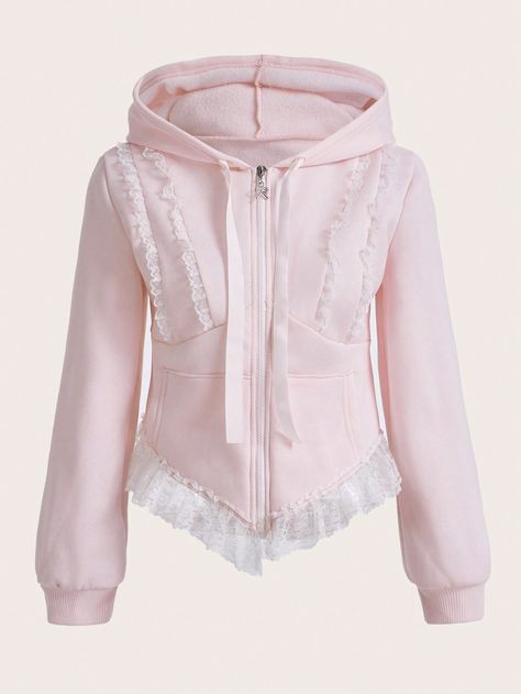 ROMWE Kawaii Contrast Lace Zipper Hooded Sweatshirt, SchoolI discovered amazing products on SHEIN.com, come check them out! Romwe Kawaii, Coquette Hoodie, Coquette Clothes, Lace Patchwork, Lookbook Outfits, Zip Up Hoodie, Amazing Products, No Frills, Hooded Sweatshirt