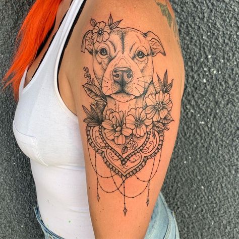 Dog And Heart Tattoo, Cute Womens Tattoos, Dog Thigh Tattoo, Dog Floral Tattoo, Staffordshire Bull Terrier Tattoo, Pitbull Tattoo For Women, American Bulldog Tattoo, Staffy Tattoos, Tattoo Writing Fonts