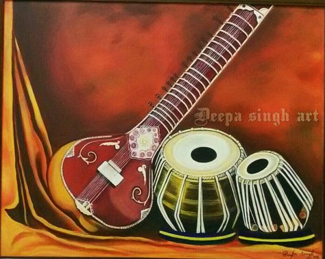 "Love of music" oil painting Music Instruments Paintings, Indian Musical Instruments Painting, Musical Instruments Drawing Artworks, Indian Musical Instruments Drawing, Tabla Painting, Music Painting Ideas On Canvas, Music Instrument Painting, Instruments Painting, Music Oil Painting