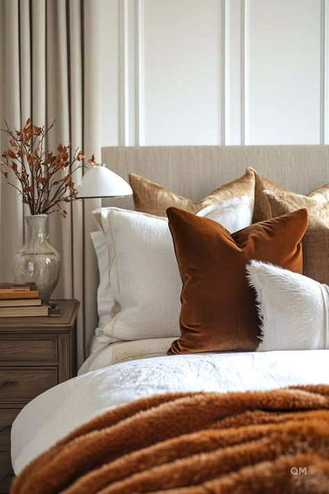 Cozy autumn bedroom decor with warm-hued pillows, a vase of fall branches, and a plush blanket. Perfect fall bedroom inspiration for seasonal vibes. Opulent Bedroom, Women Bedroom Decor, Inviting Colors, Bedroom Decor For Women, Women Bedroom, Warm Browns, Where The Magic Happens, Autumn Home Decor, Living Room Loft