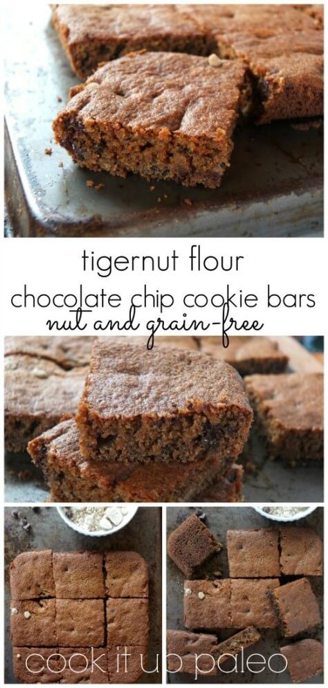 Paleo Tigernut Flour Chocolate Chip Cookies Bars Recipe Chocolate Chip Cookies Bars, Tigernut Recipes, Cassava Recipes, Tigernut Flour Recipes, Aip Paleo Desserts, Aip Protocol, Aip Snacks, Chocolate Chip Cookie Bar Recipe, Tiger Nut