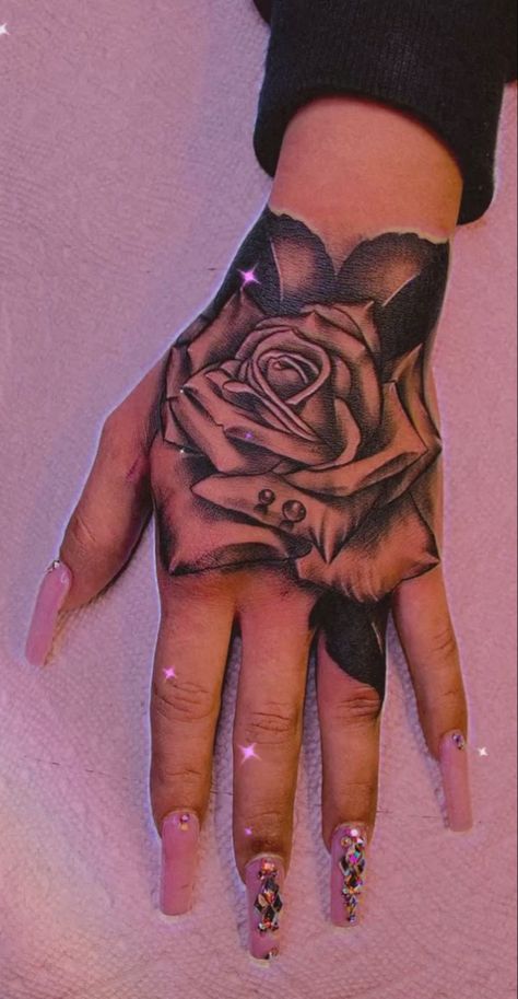 Hand Roses Tattoo, Angel Hand Tattoos For Women, Color Hand Tattoos For Women, Pinky Tattoos For Women, Christian Hand Tattoos For Women, Hand Tattoos Baddie, Girl Hand Tattoos Ideas, Angel Hand Tattoo, Pinky Tattoo