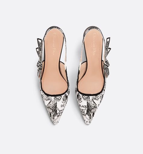 J'Adior Slingback Pump White and Black Cotton Embroidered with Plan de Paris Motif | DIOR Dior Sandals, Plan Paris, Avenue Montaigne, Dior Star, Embroidered Ribbon, Icon Shoes, Ballerina Pumps, Dior Book Tote, Christian Dior Couture