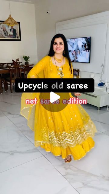 Deepavali Outfit Ideas, Plain Saree Dress Design Ideas Kurti, Net Saree To Kurti Convert, Dress From Georgette Saree, Convert Saree To Dress, Umbrella Frocks For Women, Old Saree Dress Ideas, Saree Se Bani Dresses, Net Saree Recycle Dresses Indian