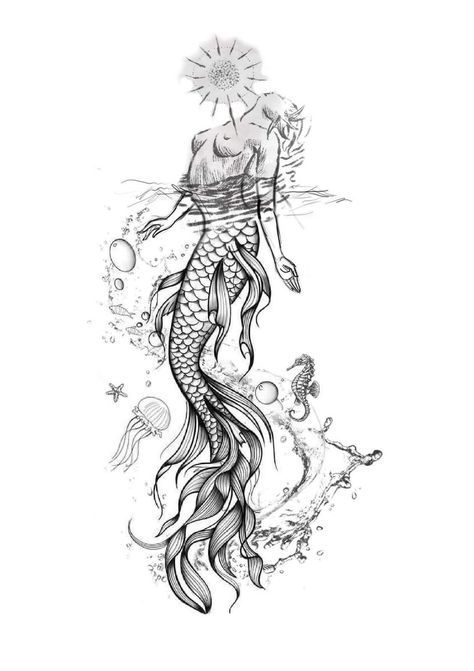 Mens Mermaid Tattoo, Mermaid Reaching Up, Mermaid Trident Tattoo, Siren Tattoo Dark Mermaid, Siren Tattoo Goddesses, Amanda Tattoo, Siren Mermaid Tattoos, Beautiful Mermaid Drawing, Black Mermaids