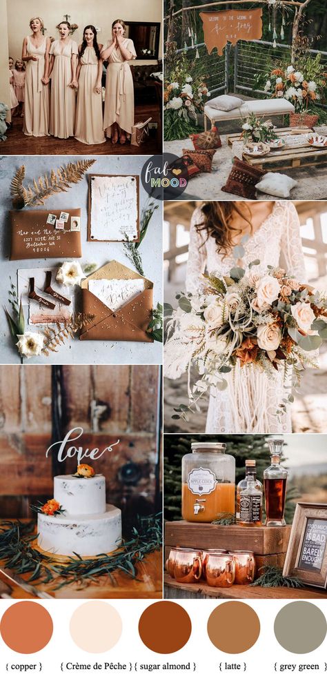 Earth Tones Wedding Color Palette With Copper Accents For Autumn Wedding 1 - Fab Mood | Wedding Colours, Wedding Themes, Wedding colour palettes Dark Earth Tones Wedding, Copper Winter Wedding, Copper Sage Wedding, Wedding Copper Theme, Rust And Grey Wedding, Copper And Sage Green Wedding, Copper Theme Wedding, Earth Tones Wedding Colors, Copper And Sage Wedding