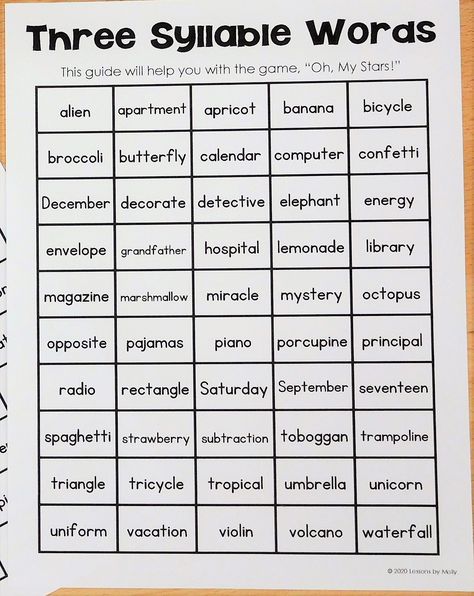 Good spellers count syllables!  Syllabication activities and center ideas.  The image shows a list of words included in the syllable game, "Oh My Stars!"  Students withdraw word cards and collect stars.  If the word has 3 syllables, they take 3 stars.  If the word has 2 syllable, they take 2 stars.  Winner is the first one to cover their game board with stars. 2 Syllable Word List, Pop It Syllables, 3 Syllable Words Activities, Three Syllable Words, Counting Syllables Worksheet, Multi Syllable Word List, 4 Syllable Words List, Multisyllabic Word List, Multi Syllable Word Activities