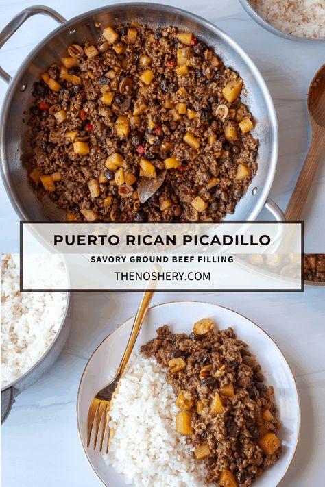 Puerto Rican picadillo is a savory ground beef mixture that is used as a filling for empanadas, pastelillos or served over rice. Picadillo Recipe Puerto Rican, Filling For Empanadas, Puerto Rican Picadillo, Pastelon Recipe, Picadillo Recipe, Puerto Rican Cuisine, Puerto Rican Dishes, Puerto Rico Food, Boricua Recipes