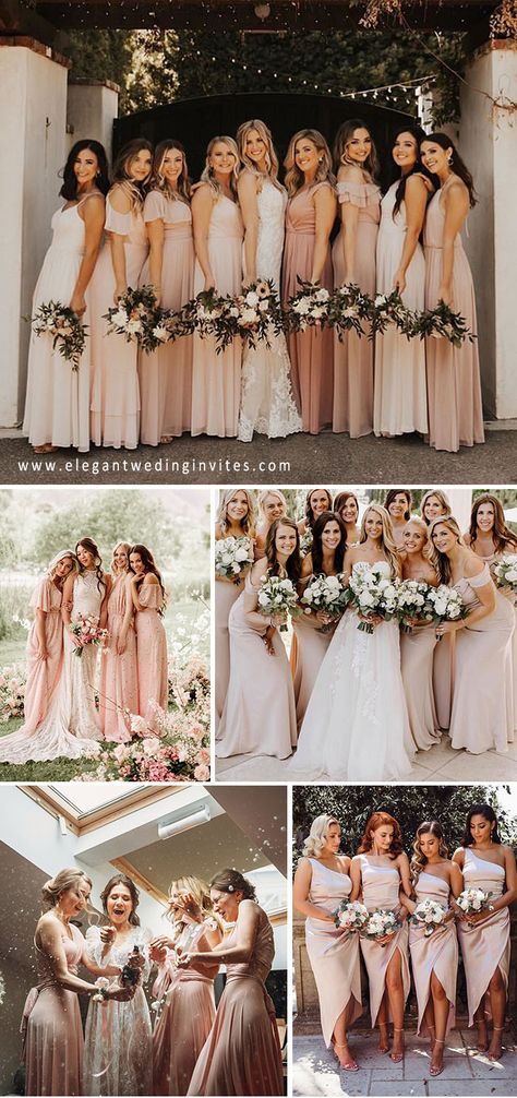 Wedding Ideas For Spring, Pink Wedding Ideas, Blush Pink Bridesmaids, Blush Pink Bridesmaid Dresses, Blush Pink Wedding, Rose Bridesmaid Dresses, Champagne Bridesmaid Dresses, Blush Bridesmaids, Blush Bridesmaid Dresses