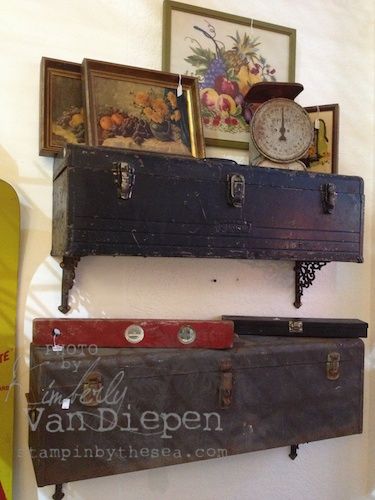 Love these old tool boxes as shelves.  Found at Adjectives Market in Orlando Florida. Old Tool Boxes, Metal Tool Box, Wooden Tool Boxes, Framed Pictures, Ideas Para Organizar, Rustic Crafts, Tool Boxes, Diy Holz, Repurposed Items