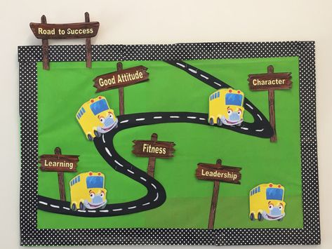 Road Bulletin Board, Club Booth, Evs Project, Graduation Bulletin Board, Road Trip Theme, Disney Cars Theme, Yearbook Class, Bullentin Boards, Birthday Door