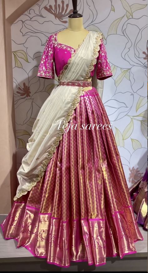 Pink Half Sarees Pattu, Sleeveless Half Saree, Pink Pattu Lehenga Half Saree, Langavoni Designs, Halfsarees Traditional Pattu, Trending Half Sarees, Pattu Half Saree Indian Dresses, Pattu Langa Voni Half Saree, Half Saree Models Latest