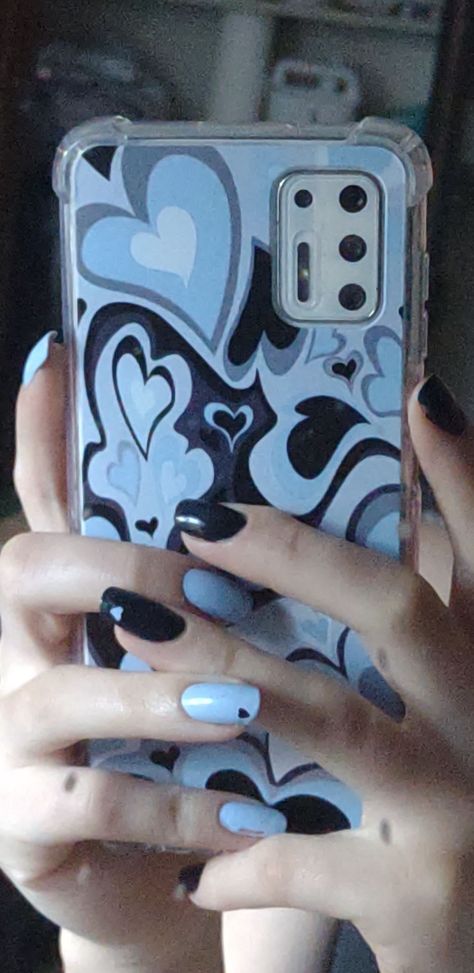 Natural nails two toned light and dark blue with heart design, match heart swirled phone case Dark Blue Phone Case Aesthetic, Light Blue Phone Case Aesthetic, Blue Phone Case Aesthetic, Dark Blue Phone Case, Light Blue Phone Case, Phone Case Aesthetic, Blue Phone Case, Aesthetic Nails, Case Aesthetic