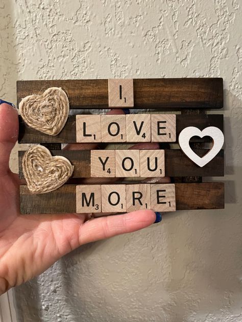 Scrabble Valentines Day Gift Ideas, Valentine’s Diy Crafts, Valentine Scrabble Crafts, Scrabble Christmas Tree, Diy Jenga Blocks Ideas Valentines, Easy Valentine’s Day Crafts For Adults, Wood Valentine Crafts, Valentines Wood Crafts, February Crafts For Adults