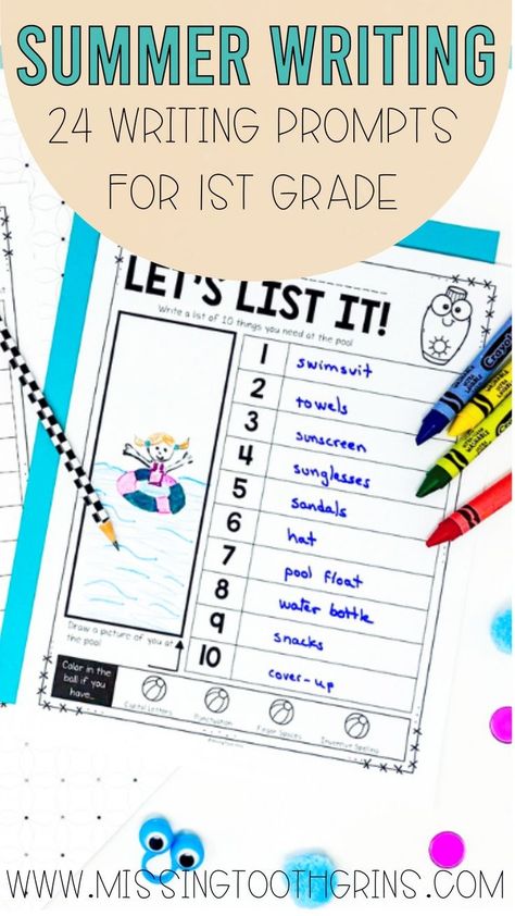 Are you looking to keep your students writing over the summer? It is so important that we continue practice writing skills to avoid the dreaded summer slide. These FREE and fun writing prompts are perfect for first grade! Get 24 different writing prompt ideas specifically written for 1st grade. Plus, learn how to create a summer writing journal to keep your students writing over the summer! Learn more here! Writing Prompt Ideas, Summer Writing Journal, Summer Writing Activity, 1st Grade Writing Prompts, Summer Lesson Plans, Summer Writing Prompts, Sensory Words, Free Writing Prompts, Fun Writing Prompts