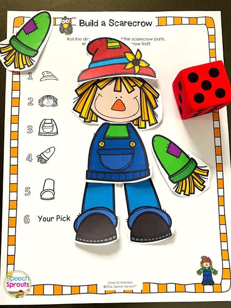 The materials list you need for preschool speech therapy and how to get them for cheap including this terrific Build a Scarecrow Game for s-blends. #speechsprouts  #speechtherapy #preschool  #speechtherapymaterials #speechtherapyarticulation #speechtherapylanguage #fallspeechtherapyactivities Fingerplays For Preschool, Build A Scarecrow, Preschool Speech Therapy, Preschool Language, Fall Songs, Speech Language Activities, Fall Preschool Activities, Slp Activities, Articulation Activities