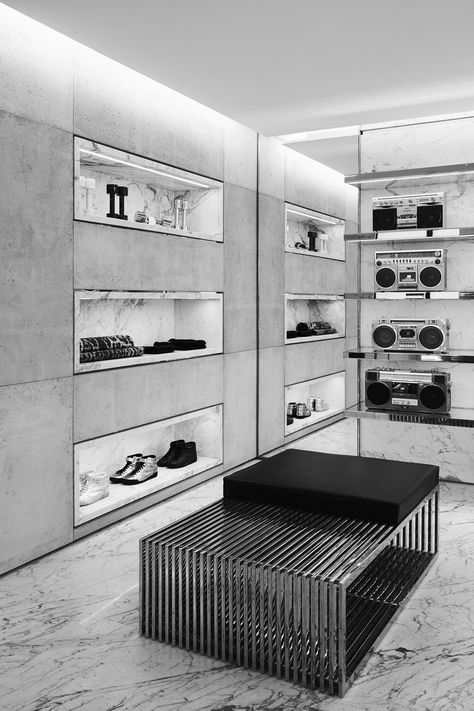 Saint Laurent Opens Rive Droite Shop curated by Anthony Vaccarello | The Impression Ysl Store, Luxury Retail Store, Saint Laurent Store, Shoe Store Design, Clothing Store Design, Paris Store, Store Design Boutique, Retail Store Design, Anthony Vaccarello