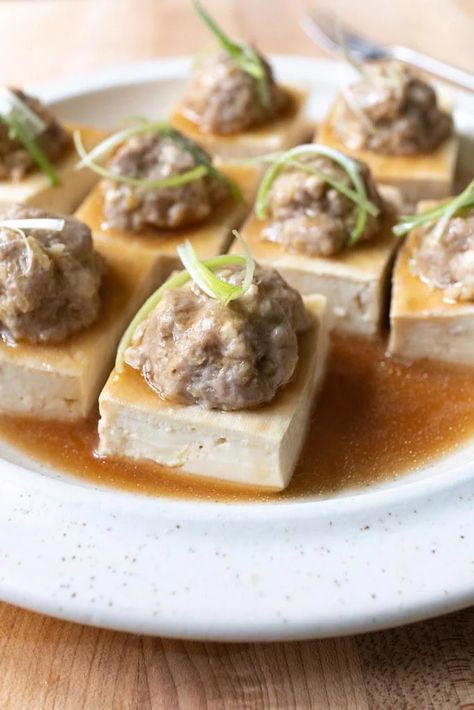 Pork Tofu Recipe Hawaiian, Stuffed Tofu Recipe, Pork Tofu Recipe, Onolicious Hawaii, Pork Hash Recipe, Stuffed Tofu, Food Hawaii, Hawaii Recipes, Foreign Recipes