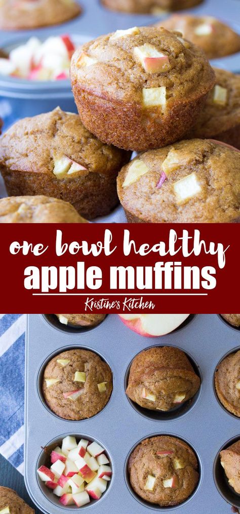 These healthy apple muffins are quick and easy to make in one bowl! This whole wheat muffins recipe is made with applesauce, fresh apples and cinnamon. Make a batch of these best apple muffins for your freezer this fall! #apple #breakfast Best Apple Muffins, Wheat Muffins, Apple Muffins Healthy, Muffins Blueberry, Whole Wheat Muffins, Apple Recipes Healthy, Baked Apple Recipes, Apples And Cinnamon, Apple Breakfast