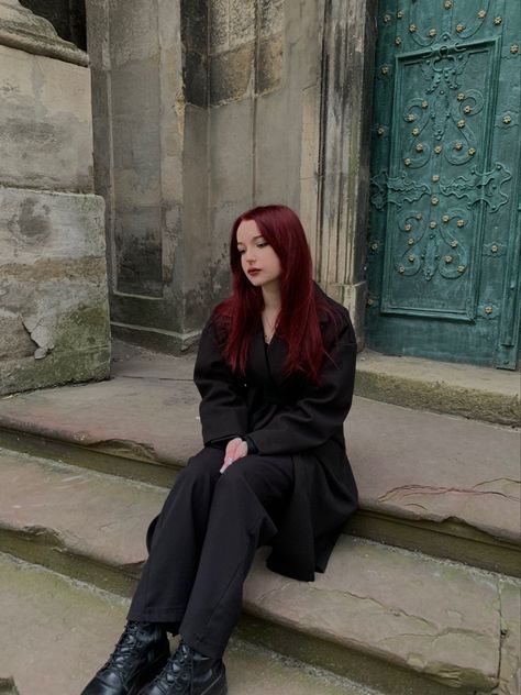 Red Hair Fits, Red Hair Instagram, Margot Ross, Red Goth Outfits, Goth Girl Outfits, Dark Red Cherry, Red Hair Era, Red Hair Outfits, Happy Future