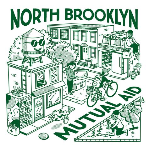 North Brooklyn Mutual Aid — Matt Reuter Mutual Aid Art, City Life Illustration, Volunteer Graphic, Brooklyn Illustration, Community Graphic, Mutual Aid, Vintage Shirt Design, T-shirt Design Illustration, Pizza Art