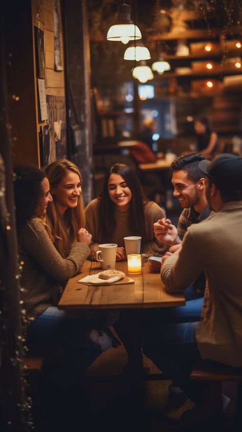 Friends Enjoying Coffee: A group of #besties share #moments and #stories over #espresso in a #cozy, warmly lit #hangout. #friendship #coffeevibes #cafescene #chats #stockcake ⬇️ Download and 📝 Prompt 👉 https://stockcake.com/i/friends-enjoying-coffee_75161_3793 Friends On Rooftop, Making Friends Aesthetic, Friendship Moodboard, Picture Of Friends, Hug Friends, Cafe Friends, Social Wellness, Coffee Image, Hangout With Friends