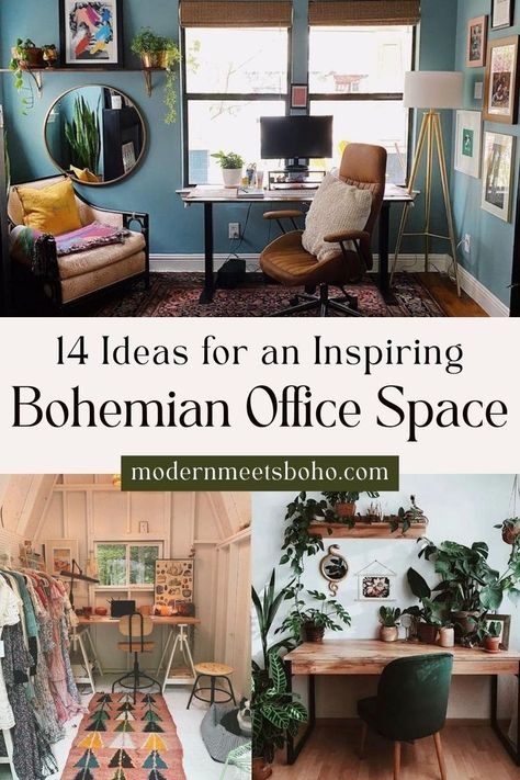 Revamp your work sanctuary with 14 ideas for an inspiring bohemian office space. Infuse personality into your home office with boho office decor that sparks creativity and boosts your motivation. Tap for the best tips on creating a boho office room! Work Room Ideas Office Decor, Bohemian Office Space, Calming Office Space, Boho Office Room, Office Decor Ideas For Work Workspaces, Bohemian Home Office, Boho Office Decor, Vogue Decor, Cozy Office Space