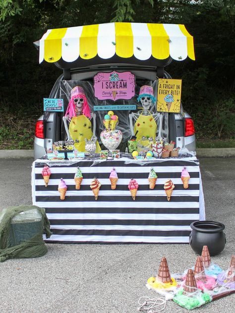 I Scream For Ice Cream Halloween, I Scream Trunk Or Treat, Halloween Candy Stand Ideas, Cotton Candy Trunk Or Treat, Trunk Or Treat Ice Cream, Candy Shop Trunk Or Treat, Ice Cream Truck Or Treat, Trunk Or Treat Ice Cream Truck, Ice Cream Trunk Or Treat Ideas