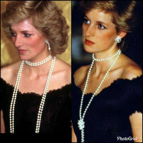 Princess Diana Pearl Necklace, Long Pearl Necklace Outfit, Celebrities Jewelry, Pearl Necklace Outfit, Pearls Accessories, How To Wear Pearls, Chunky Pearl Necklace, Wearing Pearls, Princess Diana Fashion