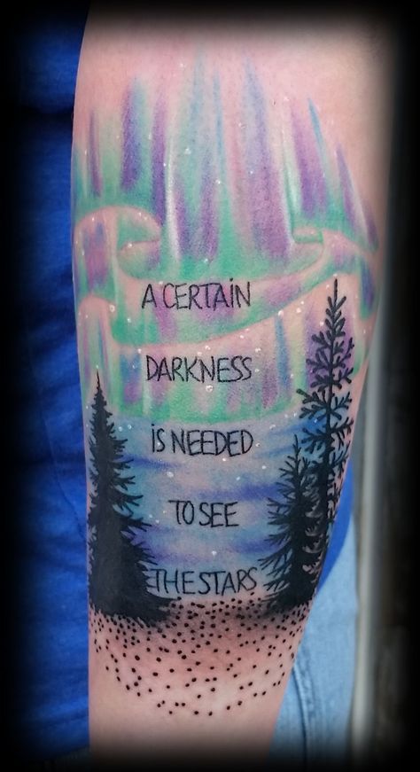 Northern Lights and tree silhouettes Picture In Picture Tattoo, Aurora Lights Tattoo, Tattoo Ideas Female Watercolor, Quotes About The Northern Lights, Northern Lights Tattoo Ideas, Northern Lights Tattoos, Northern Lights Tattoo Black And White, Light Of The World Tattoo, Northern Light Tattoo