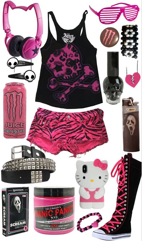 Pink Scene Aesthetic Outfit, Pink Scene Fashion, Pink And Black Scene Outfit, Scene Outfit Inspo 2000s, Scene Y2k Outfits, Summer Scene Outfits, Scene Outfits Ideas, Scene Summer Outfits, Scene Clothes 2000s