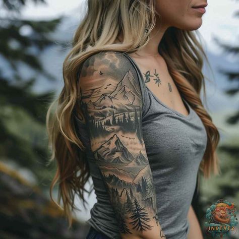 From Artistic Expression to Empowerment: Exploring the Beauty of Women’s Tattoo Sleeve Designs: 113 Designs - inktat2.com Mountain Tattoo Sleeve, Wild Child Tattoo, Female Empowerment Tattoo, Mountain Sleeve Tattoo, Cover Up Sleeve, Dad Tattoo Ideas, Empowerment Tattoo, Child Tattoo, Lake Tattoo