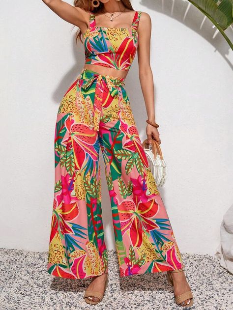 Top And Wide Leg Pants, Two Piece Outfits, High Waist Wide Leg Pants, Printed Sleeveless Top, Tank Top Dress, Women's Casual Style, Pantalon Large, Vestido Casual, Wide Pants