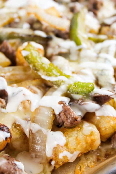 Philly Cheese Steak Tots, Loaded Tater Tots Recipe Appetizers, Cheesy Alfredo Sauce, Loaded Tots, Crunchy Onions, Shaved Steak, Loaded Tater Tots, Tater Tot Recipes, Potato Tots