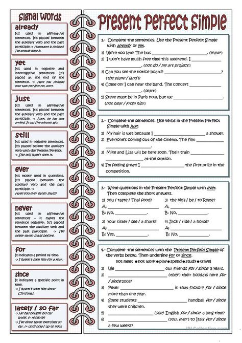 SIGNAL WORDS FOR PRESENT PERFECT - English ESL Worksheets for distance learning and physical classrooms Verbs Tenses, Present Perfect Simple, English Tenses, Esl Grammar, English Grammar Exercises, Perfect Tense, English Exercises, Teaching English Grammar, The Worksheet