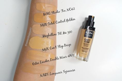 Samantha Jane: NYX Cant Stop Wont Stop Foundation Shade Comparisons Nyx Cant Stop Wont Stop Foundation, Maybelline Foundation Shades, Maybelline Lipstick Swatches, Nyx Foundation, Cant Stop Wont Stop, Estee Lauder Foundation, Foundation Swatches, Maybelline Fit Me Foundation, Maybelline Lipstick