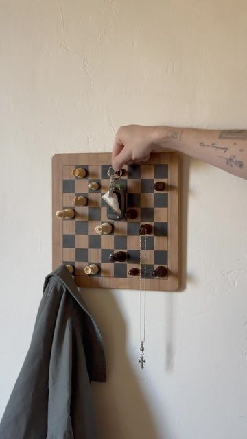 Chess Board Wall Art, Chess Board Coat Hanger, Chess Board Wall Hook, Lone Fox Interior, Chess Bedroom Ideas, Chess Board Key Holder, Fun Bedroom Wall Ideas, Decorative Hooks Ideas, Fun Coat Hooks