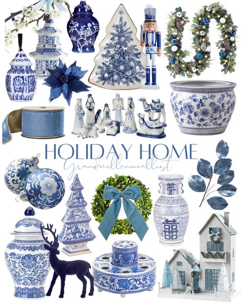 Shop Cailíní Coastal Christmas Cottage and other curated products on LTK, the easiest way to shop everything from your favorite creators. Blue Toile Christmas Decor, Hamptons Christmas Tree, Blue Vintage Christmas, Blue Christmas Tree Decorations Ideas, Blue Themed Christmas Tree, White And Blue Christmas Tree, Decoraciones Aesthetic, Blue Christmas Theme, Christmas Entertaining Decor