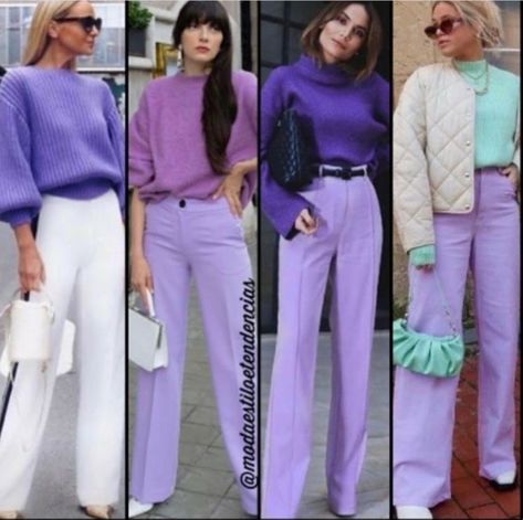 Lavender Pants Outfit Winter, Outfit With Purple Pants, Purple Pant Outfits, Lilac Pants Outfit Color Combos, Purple Pants Outfit Work, Violet Pants Outfit, Purple Combination Outfits, Violet Outfit Ideas, Purple Trousers Outfit