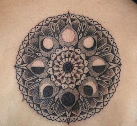 Moon phases mandala tattoo Mandala Moon Phases Tattoo, Tattoo With Moon, Mandala Moon, Moon Phases Tattoo, Moon Cycles, Tattoos Gallery, Back Tattoos, Human Design, Mandala Tattoo