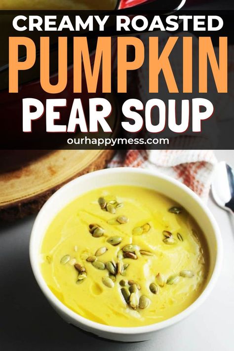 If you love a good creamy soup every now and then, make yourself a satisfying bowl of Creamy Roasted Pumpkin Pear Soup! It's a brilliant way of making use of your veggie stock. Click to learn the recipe. Roasting Squash, Squash Meals, Cozy Fall Dinner, Pear Soup, Soup Pumpkin, Roasted Pears, Fruit Soup, Low Calorie Soup, Roasted Pear