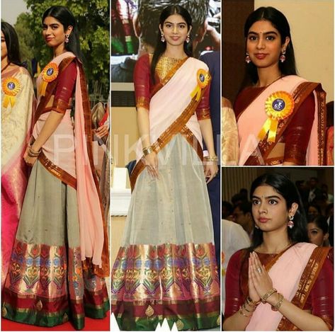 Khushi kapoor Jhanvi Kapoor Half Saree, Khushi Kapoor, Jhanvi Kapoor, Saree Blouse Styles, Lehenga Saree Design, Indian Outfits Lehenga, Aircraft Interiors, Simple Kurti Designs, Half Saree Designs