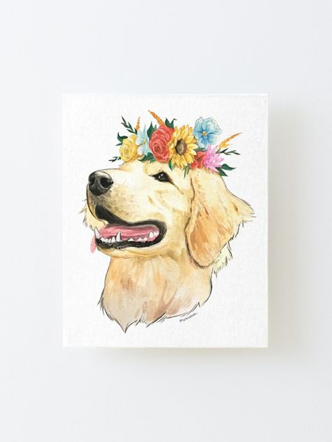 Wild Flower Crown, Red Golden Retriever, Golden Retriever Watercolor, Golden Retriever Painting, Watercolor Painting Easy, Crown Painting, Dog Watercolor Painting, Golden Retriever Art, Queen Drawing