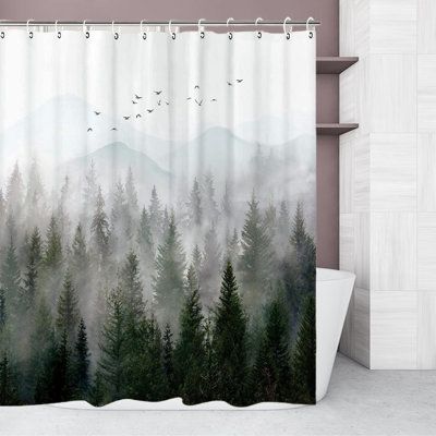 【Mountain Shower Curtain】: This cool art shower curtain is made of 100% polyester. It has a reinforced top hem, which makes sure the long shower curtain never falls when you are in the shower, helping to resist humidity and moisture in the bathroom environment. Size: 84'' H x 72'' W Shower Curtain Mountains, Green Bathroom Shower Curtain Ideas, Mountain Shower Curtain, Mountain Bathroom Decor, Grey And Green Bathroom Ideas, Dinosaur Bathroom, Nature Bathroom, Shower Stalls, Cool Nature