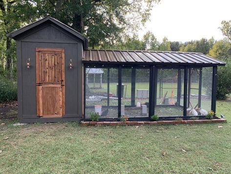 Chicken Coop Ideas & Everything Backyard Chicken | My new coop built by my husband and decorated by me Dog Pen Into Chicken Coop, Chook Pen Ideas Backyard Chickens, Chicken Coop Enclosure Ideas, Chicken Coop With Fence Around It, Chicken Coop With Covered Run, Black And White Chicken Coop Ideas, Chicken Coop Exterior Ideas, Chicken Gazebo, Chicken Coop Exterior Colors